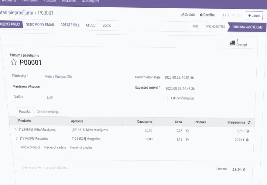 Odoo iepirkuma pasūtījuma piemērs